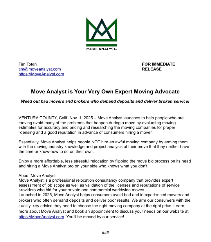 Press Release - Move Analyst Launches Moving Estimate Review